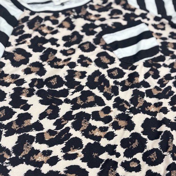 Nuggles Leopard Print Top with Contrasting Striped Sleeves and Pocket - Picture 2 of 6